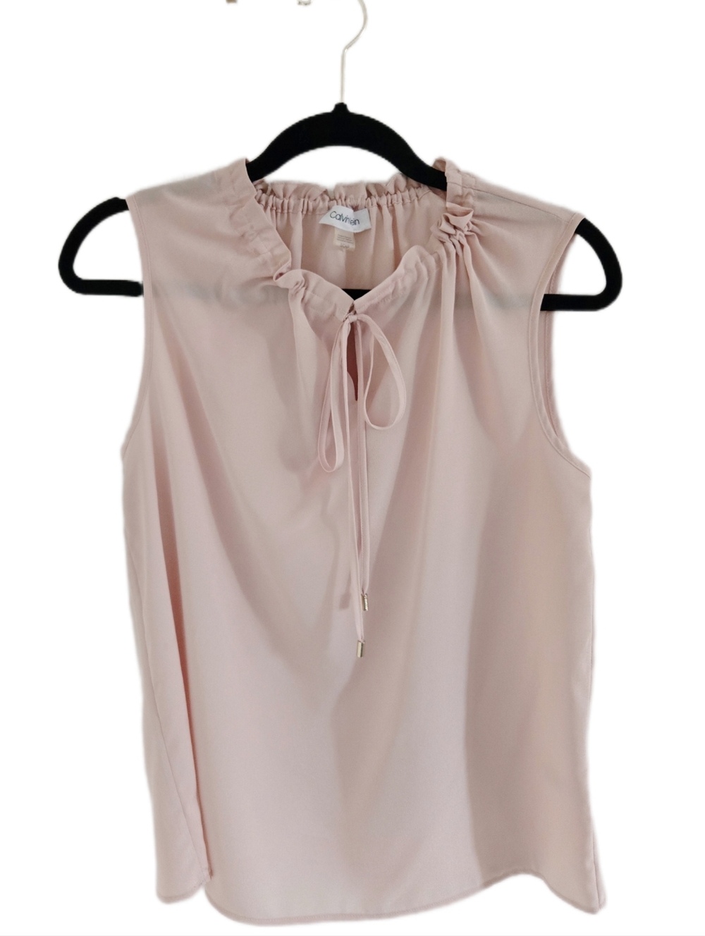 Calvin Klein Blush Pink Sleeveless Blouse Tie Neck Ruffle Collar - Size Small